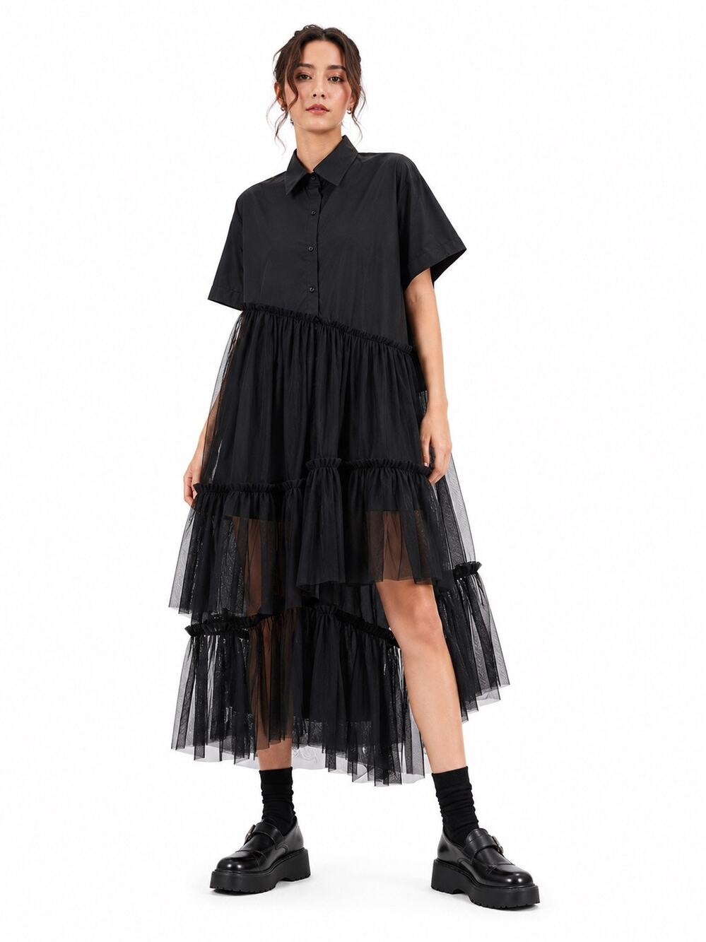 Mimoto Gohan Shirt Black Sheer Mesh High Low Avant Garde Dress NWT One Size
